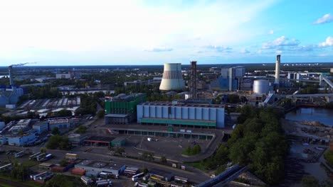 waste incineration plant, waste to new energy sources, polluting the atmosphere and contributing to climate change. wonderful aerial view flight drone shot from above