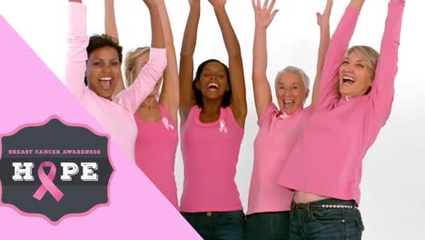 animation of breast cancer awareness text over group of smiling women