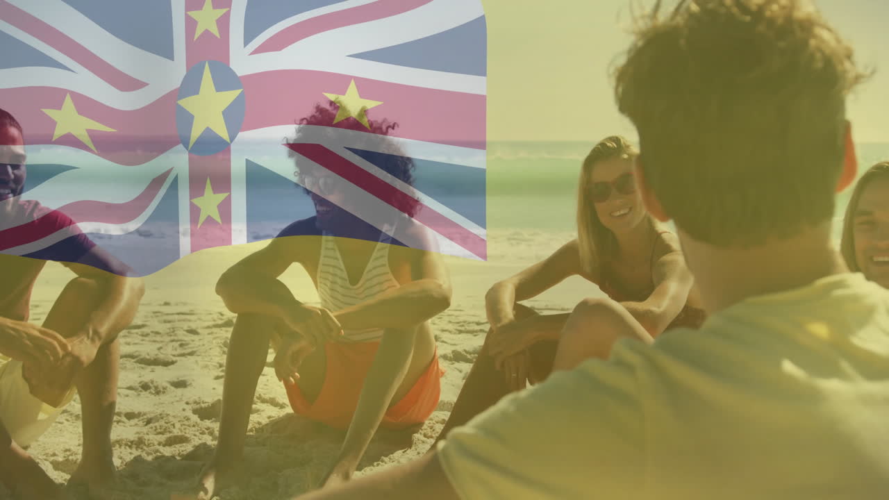 Group of friends relaxing on beach with Niue flag overlay animation