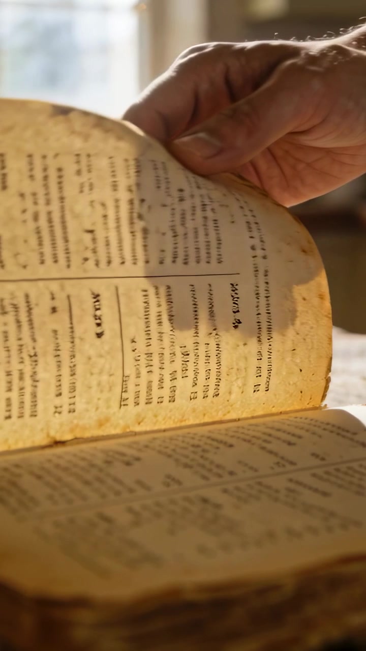 Video verticale: Mano destra che si allunga sollevando una pagina fragile vicino a una finestra, esaminando un libro antico per studio.