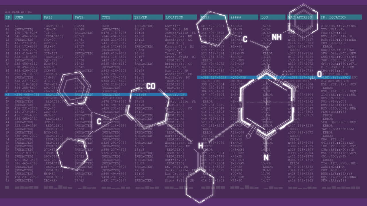 estructuras químicas flotando sobre la interfaz digital con el procesamiento de datos contra un fondo púrpura