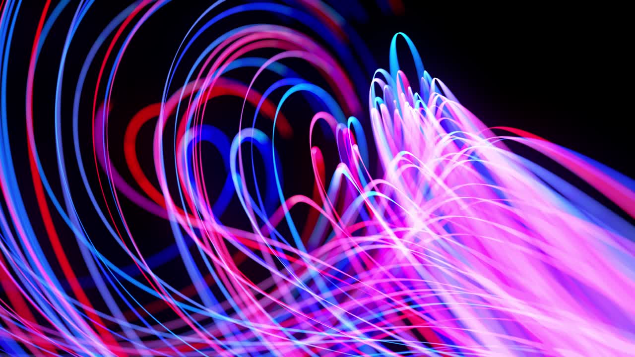 Light flow bg in 4k. Abstract looped background with light trails, stream of red blue neon lines in space move to form looped spiral shapes. Modern trendy motion design background. Light effect,