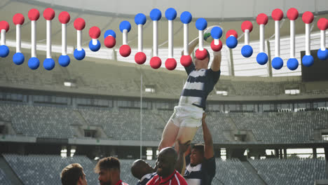 animation of dna strand over male rugby players at stadium