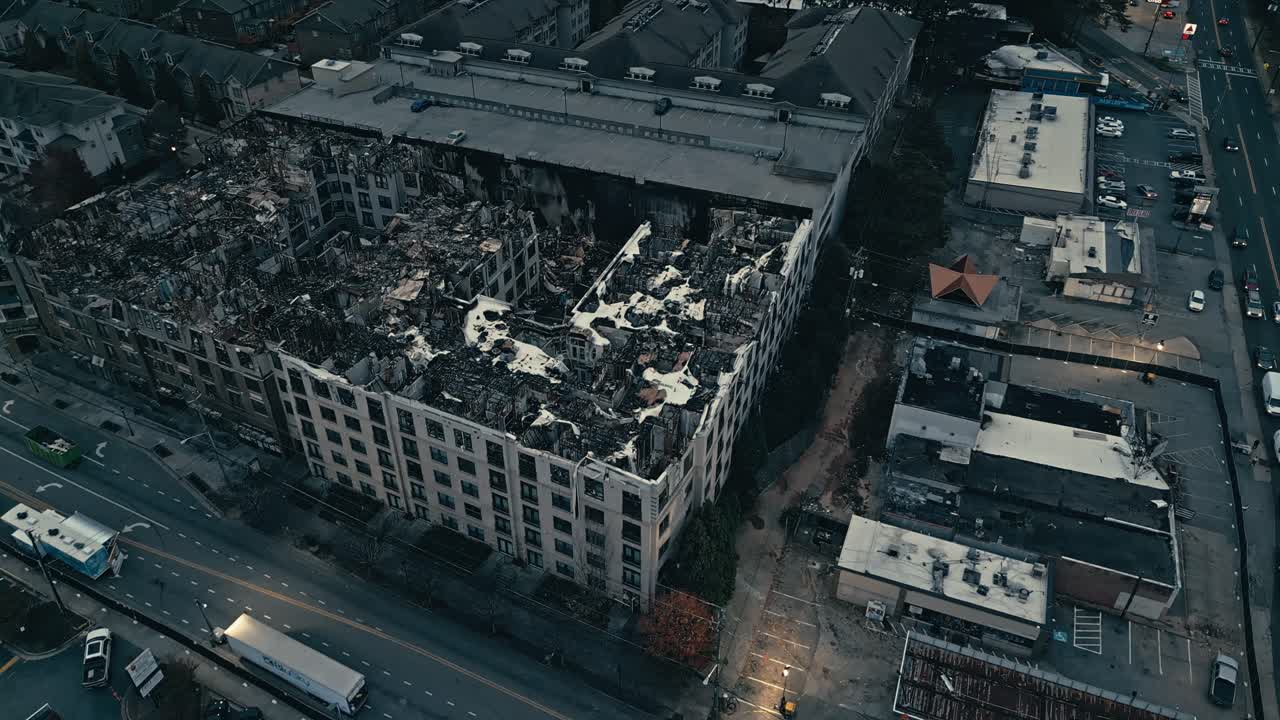 Ash and destroyed houses in American town after fire