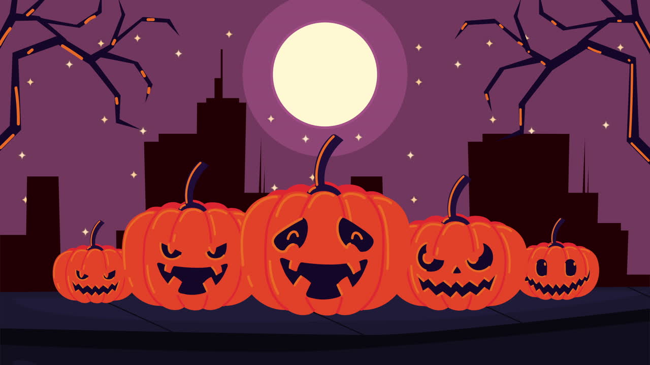 feliz animación de halloween con calabazas por la noche