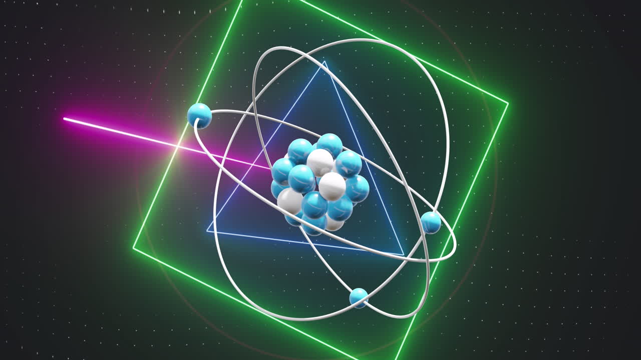 검은 바탕에 미세 원자 모델과 네온 원의 애니메이션