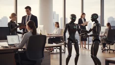 a futuristic office scene featuring humans and robots collaborating in a high-tech environment with digital interfaces and innovative interactions