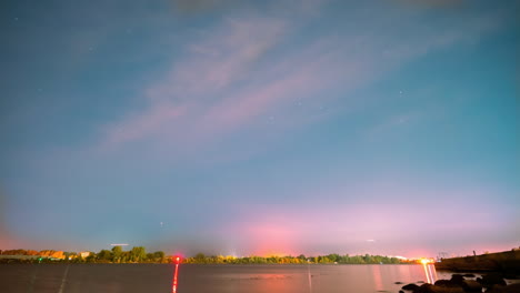 Timelapse-of-river-and-port-in-northern-Europe-city-at-night-time