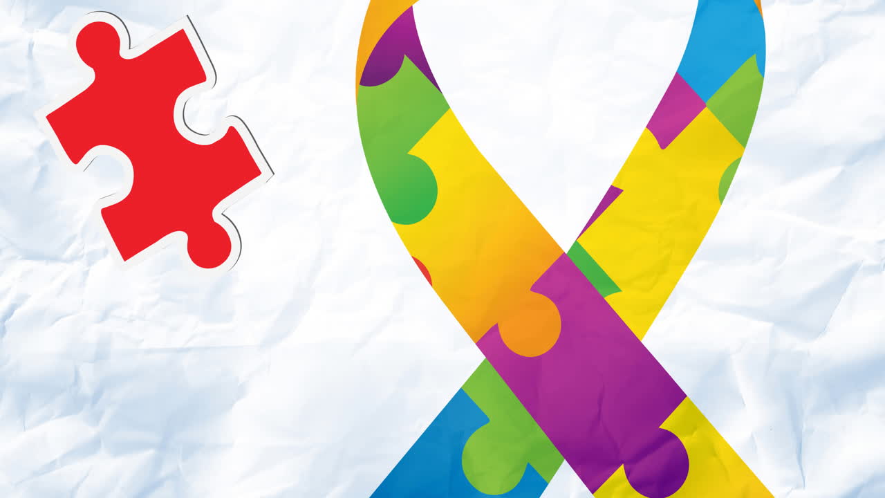 animación de piezas de rompecabezas rojas y amarillas que caen sobre las manos en rompecabezas de concienciación sobre el autismo