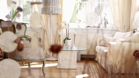 trendy and warm interior living room brightly lit with beautiful natural light