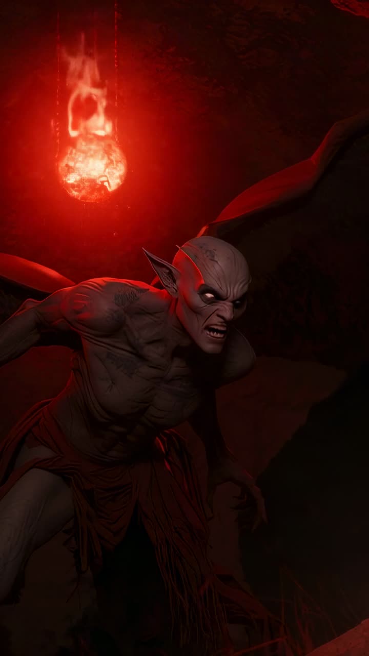 Vertical video: Drifting red orb causing demonic creature leaning and baring fangs in dim cavern