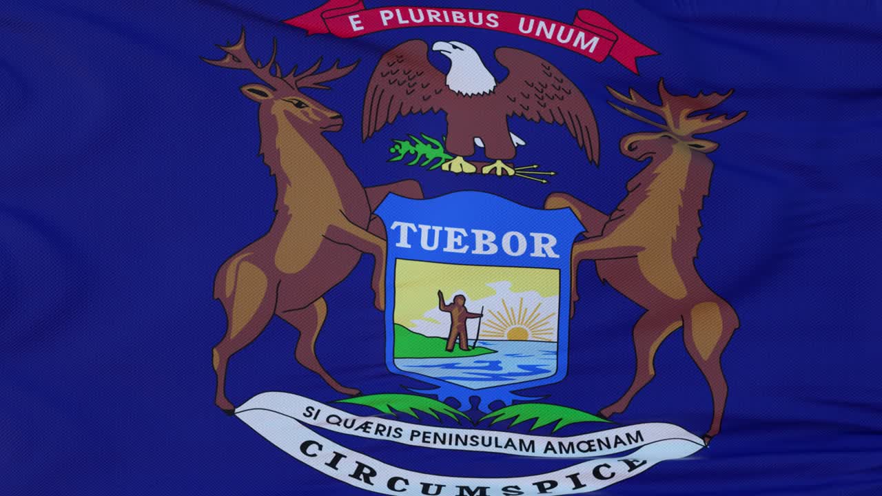 Bandiera dello stato del Michigan, regione degli Stati Uniti, che sventola al vento