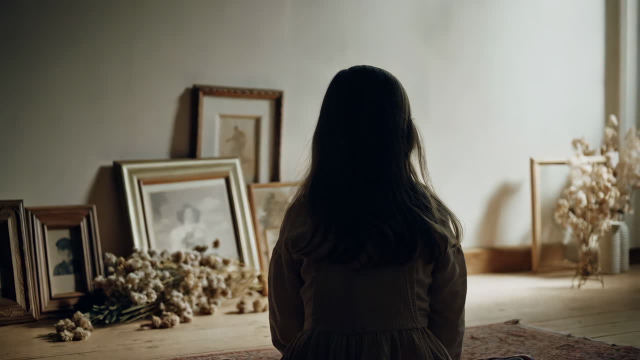 Child sitting on floor amidst framed pictures and dried plants