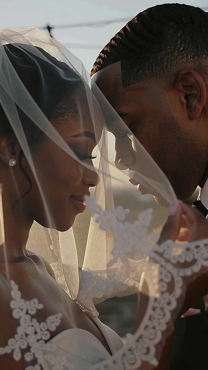 Vertical video: Holding veil, groom and bride leaning close at sunset for vows, gown, tux, pearls