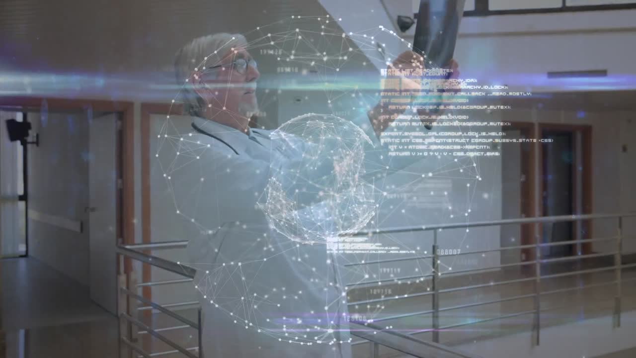 animación de la interfaz de datos digitales sobre el médico caucásico masculino