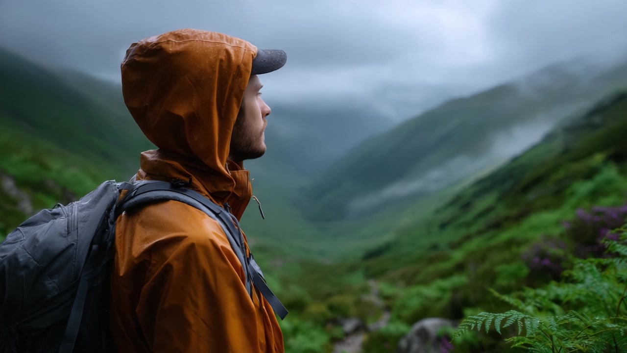 A solitary hiker in an orange jacket gazes thoughtfully at the misty mountain landscape, surrounded by lush greenery and a serene atmosphere, evoking contemplation.