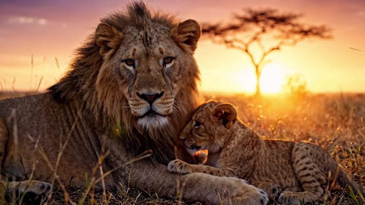 Majestátní lev a jeho rozkošné lvíče odpočívající pod nádherným africkým západem slunce, zachycující pouto mezi rodičem a mládětem ve volné přírodě.