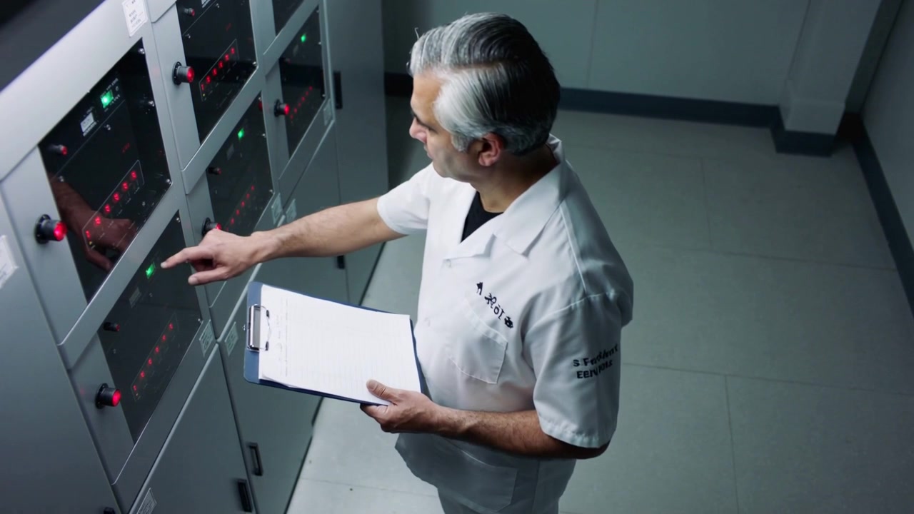 Tecnico in camice bianco che avvia un controllo programmato, ispezionando i pannelli di controllo in un impianto e tenendo in mano una cartellina.
