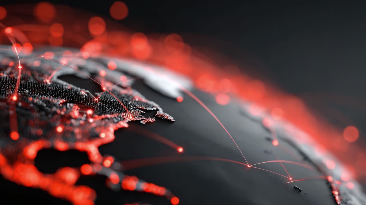 A Close-Up Look at a Digital Representation of Global Connectivity Featuring Bright Red Network Connections Over a Dark Earth Surface