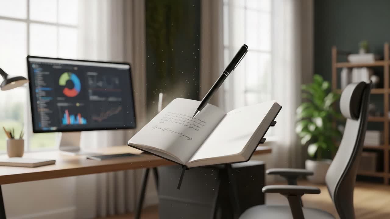 A Creative Workspace Featuring an Open Notebook and a Computer Displaying Analytical Graphs and Insights in a Modern Office Environment