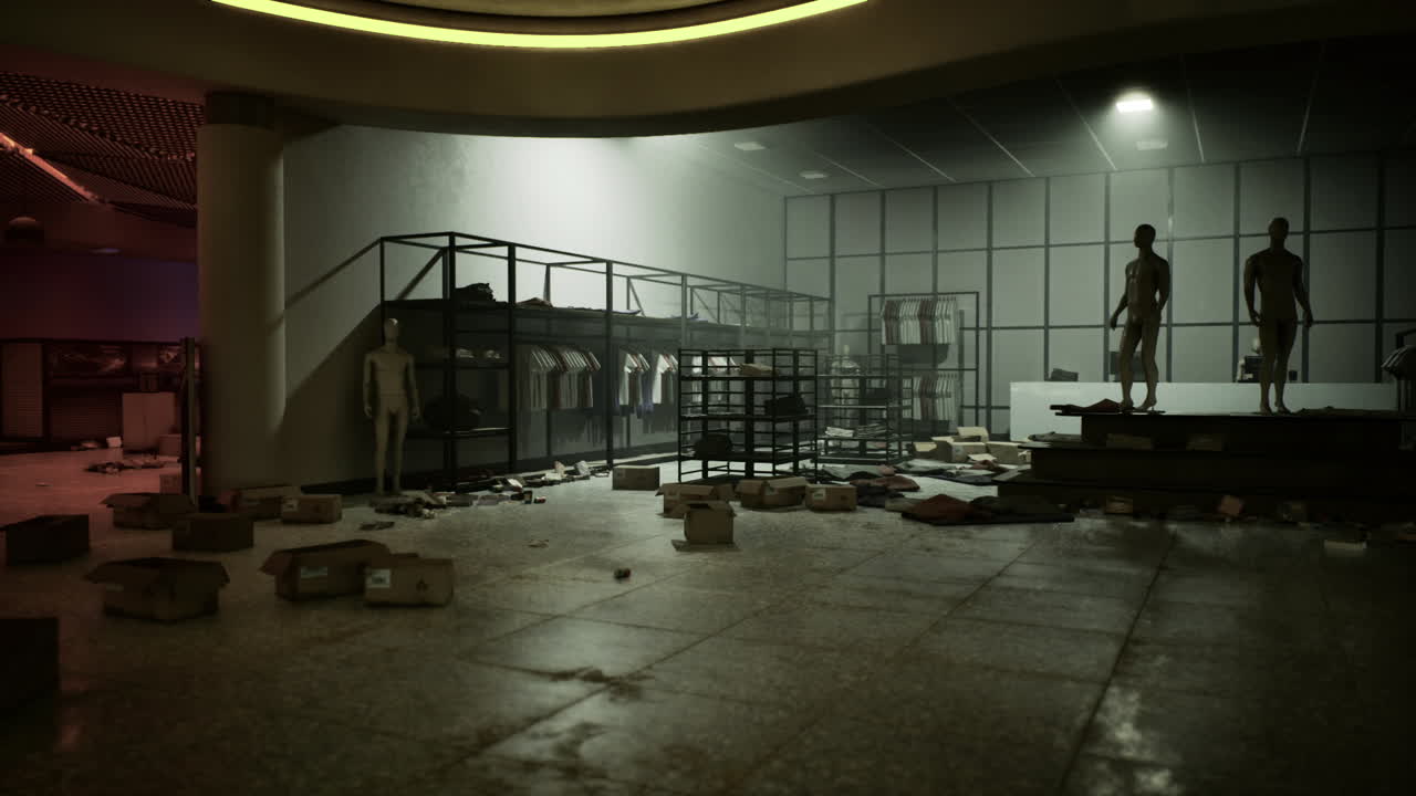 Abandoned commercial interior with mannequins and scattered boxes