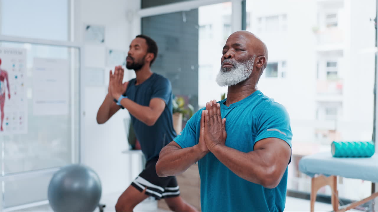 Black people, yoga and personal trainer in zen