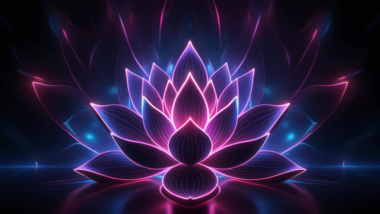 Animazione di fiore di loto al neon luminoso su sfondo scuro