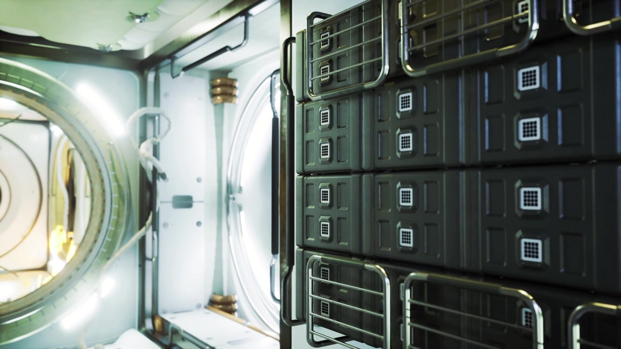 Inside modern space station corridor featuring racks and lighting