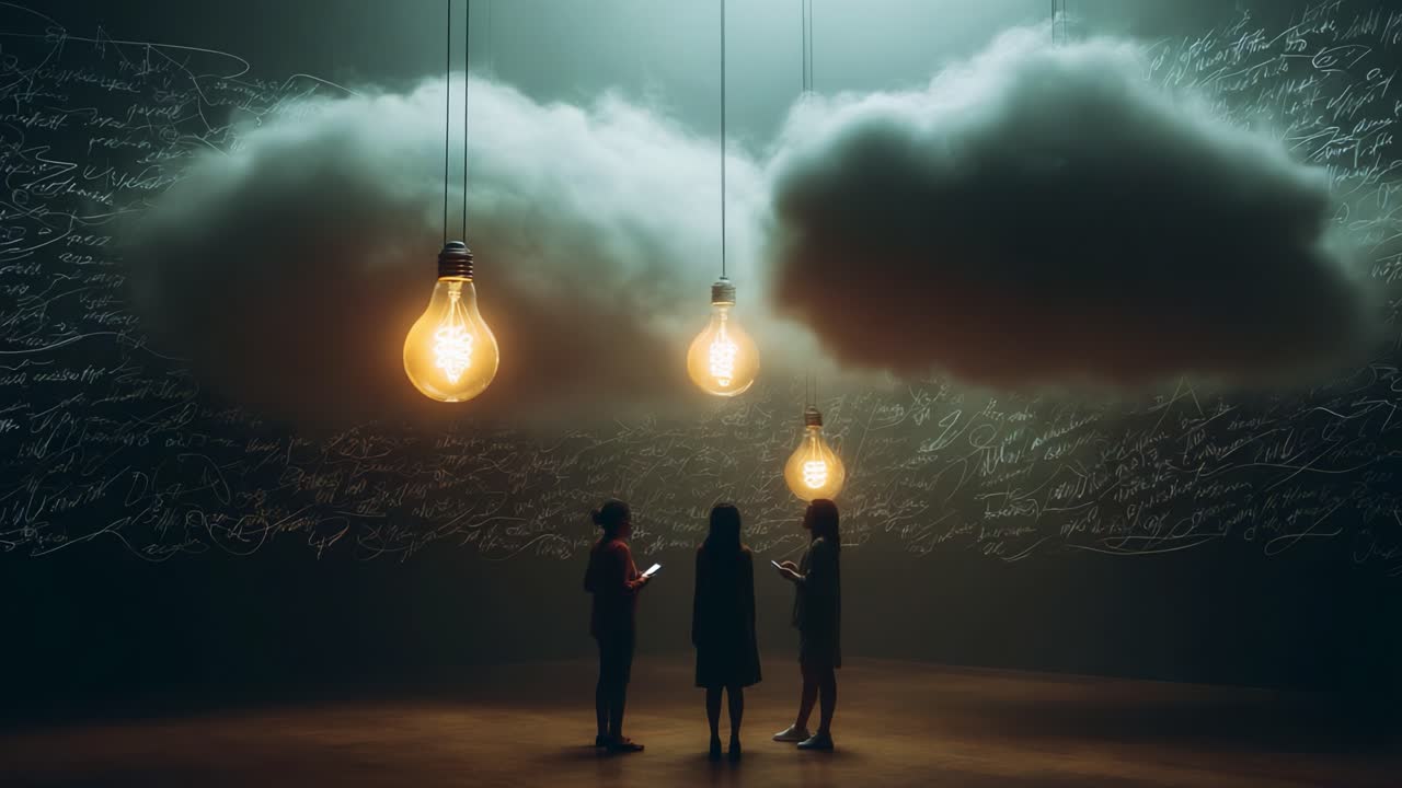 In a Thoughtful Space: Three Individuals Engaged in Deep Conversation Under Glowing Bulbs and Floating Clouds, Evoking Creativity and Inspiration Amidst Artistic Expressions