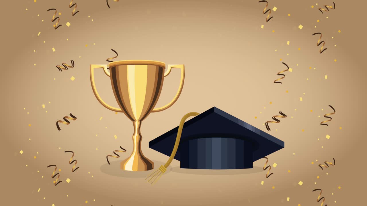 animación de celebración de la graduación con sombrero y trofeo