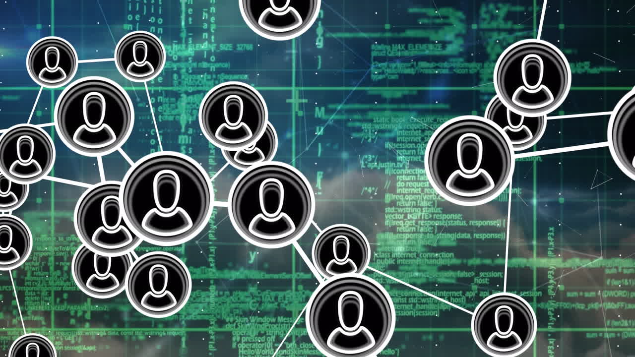 Animation of icons connected with lines over grid pattern against computer language