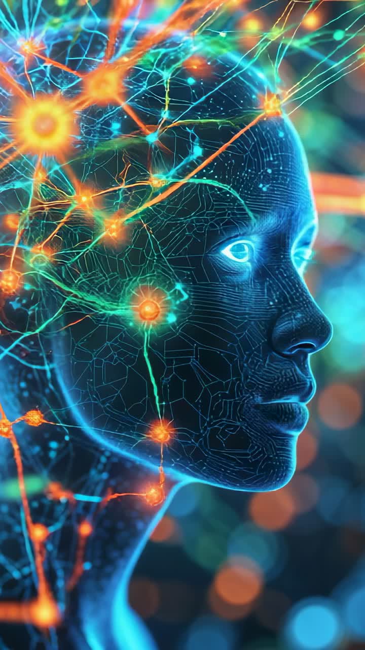 Video verticale: contorno della testa pulsante che mostra circuiti blu, nodi arancioni e filamenti verdi sullo schermo