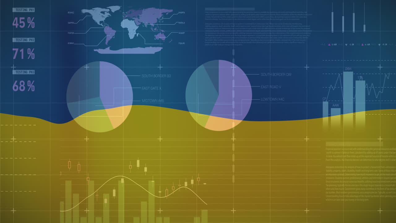 Animazione di grafici e dati sulla bandiera dell'Ucraina