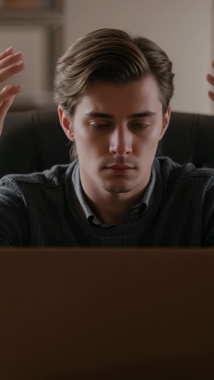Vertical video: Starting raised hands, man wearing sweater, lowering to keys at home laptop to type