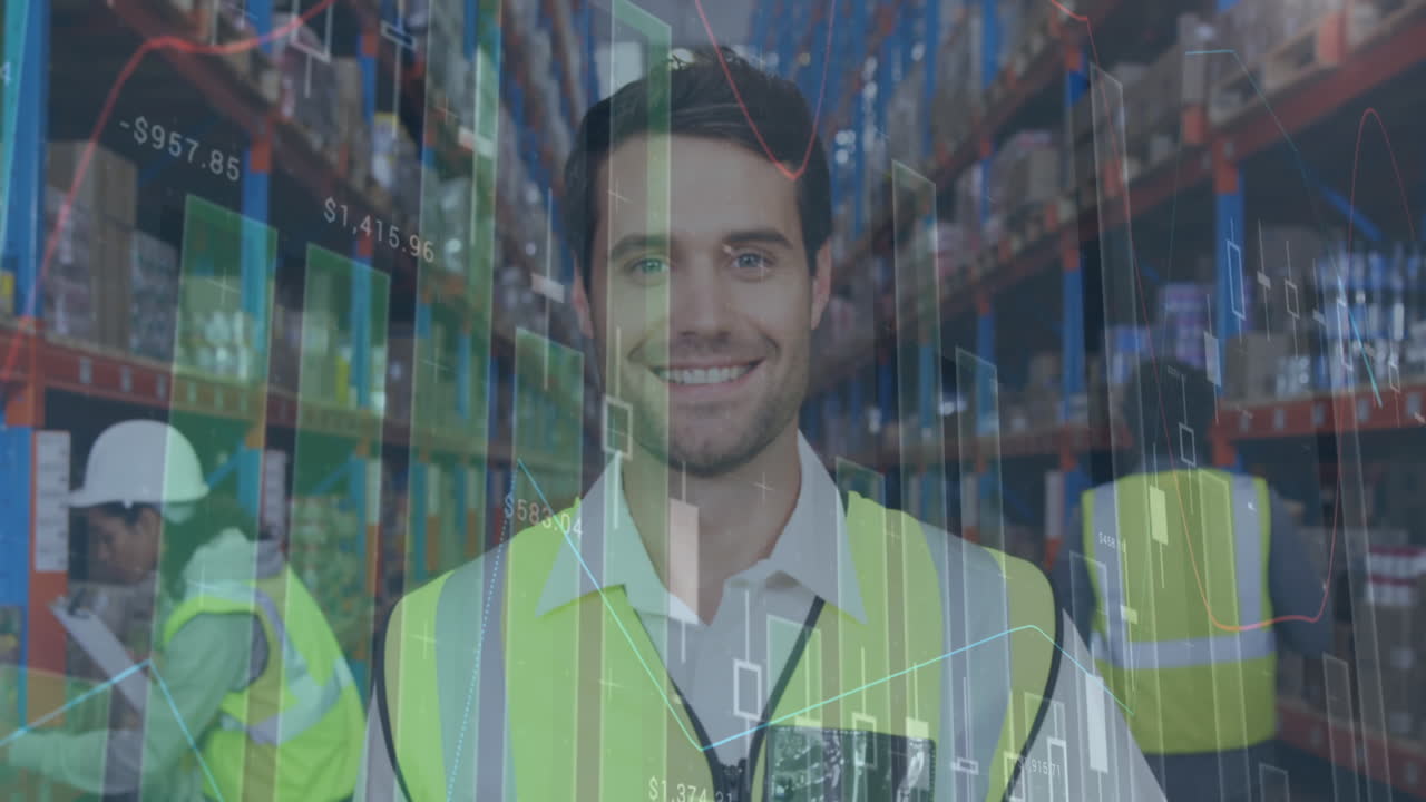 Animazione di elaborazione statistiche e dati finanziari su uomo che lavora in magazzino