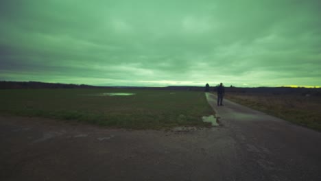 modern black swordsman warrior awaiting battle opponent in open field under green sky, europe, 4k | muscular, intimidating, shadow, figure, blurry, dark clothes, powerful, tense sword movement, walk