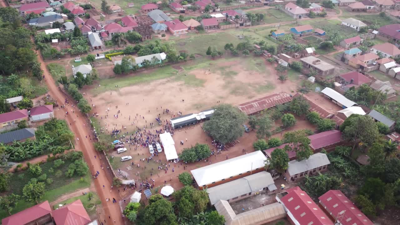 Drone shot of a school in rural Uganda