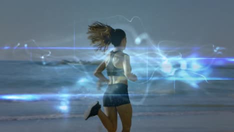 Animation-of-light-trails-over-caucasian-woman-running-on-beach