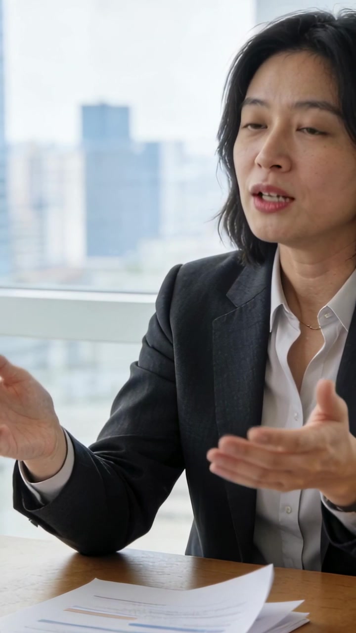 Vertical video: Starting meeting, Asian woman in dark blazer explaining documents at office window