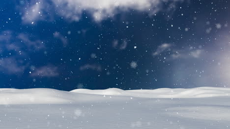 animation of snowflakes and snow falling over snow covered landscape against blue sky