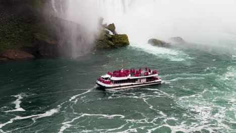 tourist boat and horseshoe falls from niagara falls, ontario - drone shot