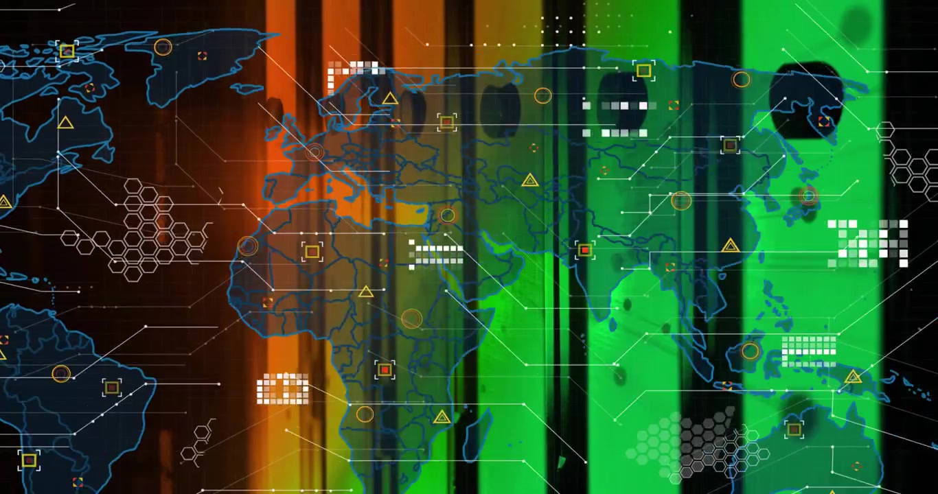 Fasce di colore che passano dal verde all'arancione, mappa del mondo che svanisce creando sovrapposizioni di dati che mostrano percorsi di rete.
