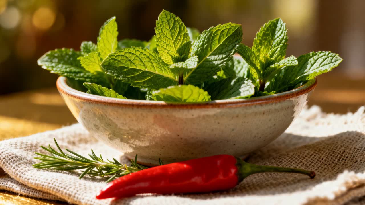 Keraaminen kulho puupöydällä, kamera lähenee, terävöittäen mintunlehtiä ja chiliä ruokastailaukseen.