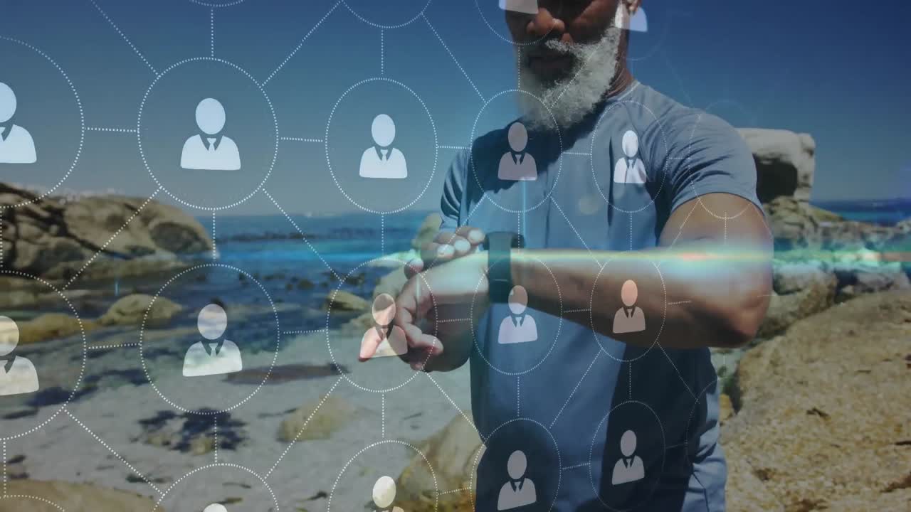 animación de la red de conexiones sobre un hombre afroamericano mayor que usa un reloj inteligente en la playa