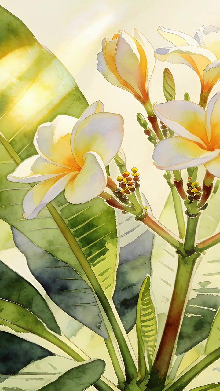 Video verticale: Panoramica di un ramo di plumeria in uno studio illuminato dal sole, con la luce solare che si sposta e illumina i fiori pallidi.