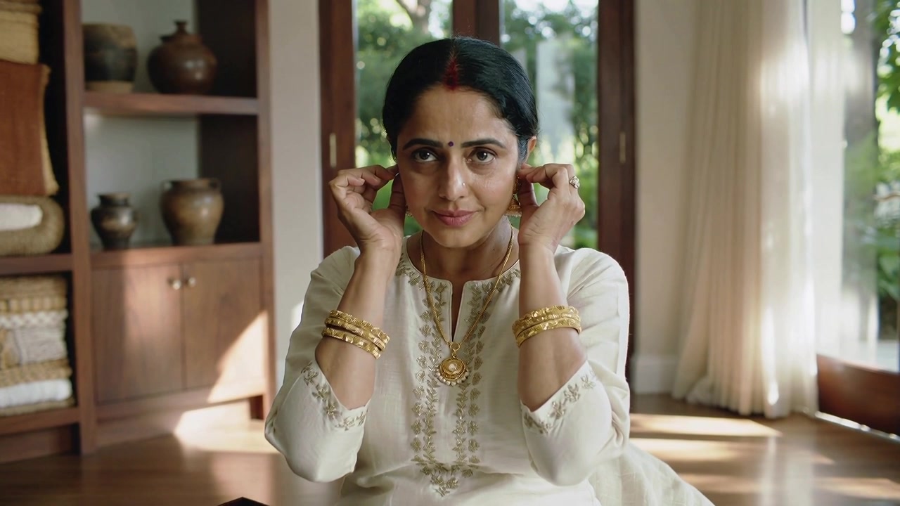 Indossando orecchini jhumka, donna indiana in kurta che li sistema a casa preparandosi per una cerimonia
