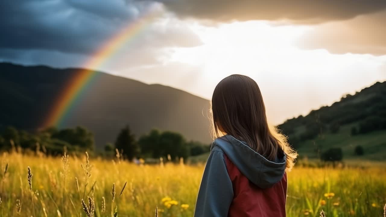 Young woman standing in a field of tall grass, admiring a stunning rainbow arching over a picturesque mountain landscape during a tranquil sunset, surrounded by vibrant colors and serene beauty