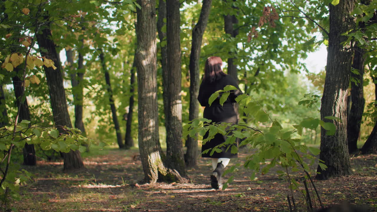 Back view of casual woman strolling under autumn canopy, sipping warm beverage while looking around, coat and boots move along forest path, mood calm and relaxed during quiet nature walk