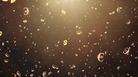 glowing golden currency symbols - euro and dollar - floating in abstract financial background with shimmering particles