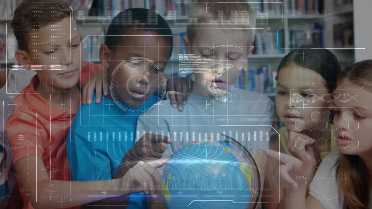Animation of data processing over schoolchildren looking at globe in class